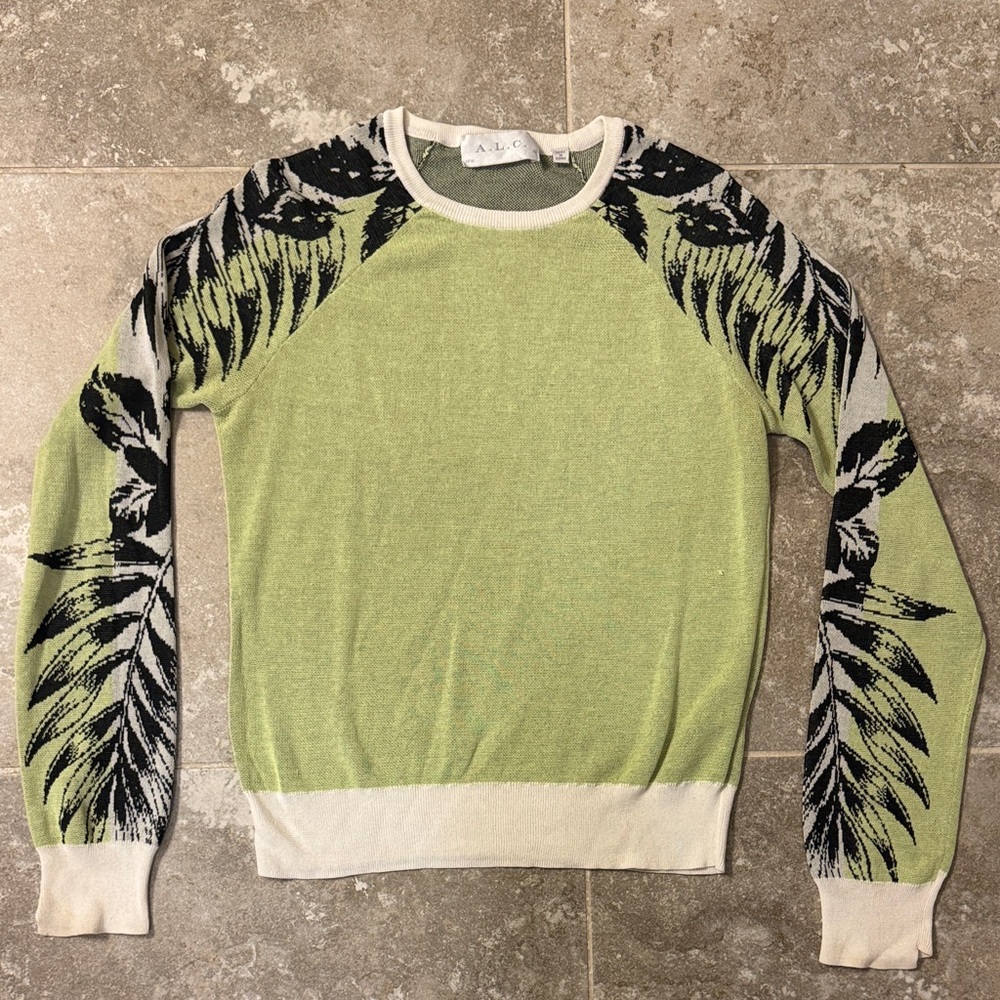 A.L.C. Lime and Black Feather Pattern Crewneck Sweater